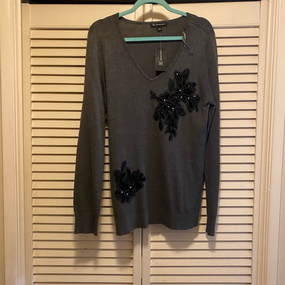 INC Gray V Neck Sweater Brand New With Floral and Lace Sequin detail